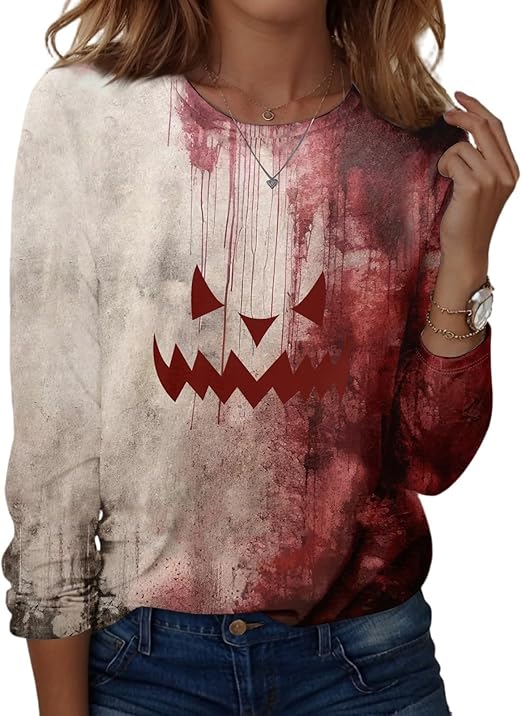 Halloween Shirts for Women Long Sleeve Plus Size Fashion Crewneck Comfortable Tshirts Halloween Costumes for Women