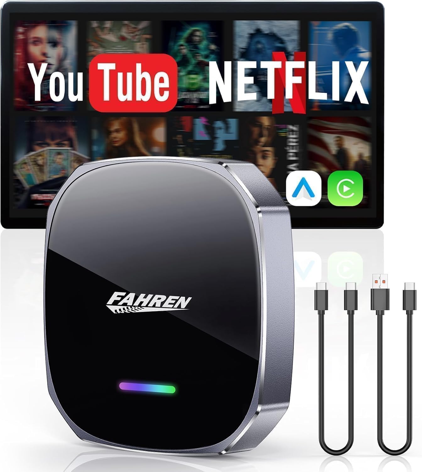 Fahren 3rd-Gen Wireless CarPlay Adapter & Android Auto Adapter, Support Netflix/YouTube/TF Card, Car Play Magic Box for Apple&Android, Plug and Play, Fit with iPhone 8+/iOS10+/Android 11+