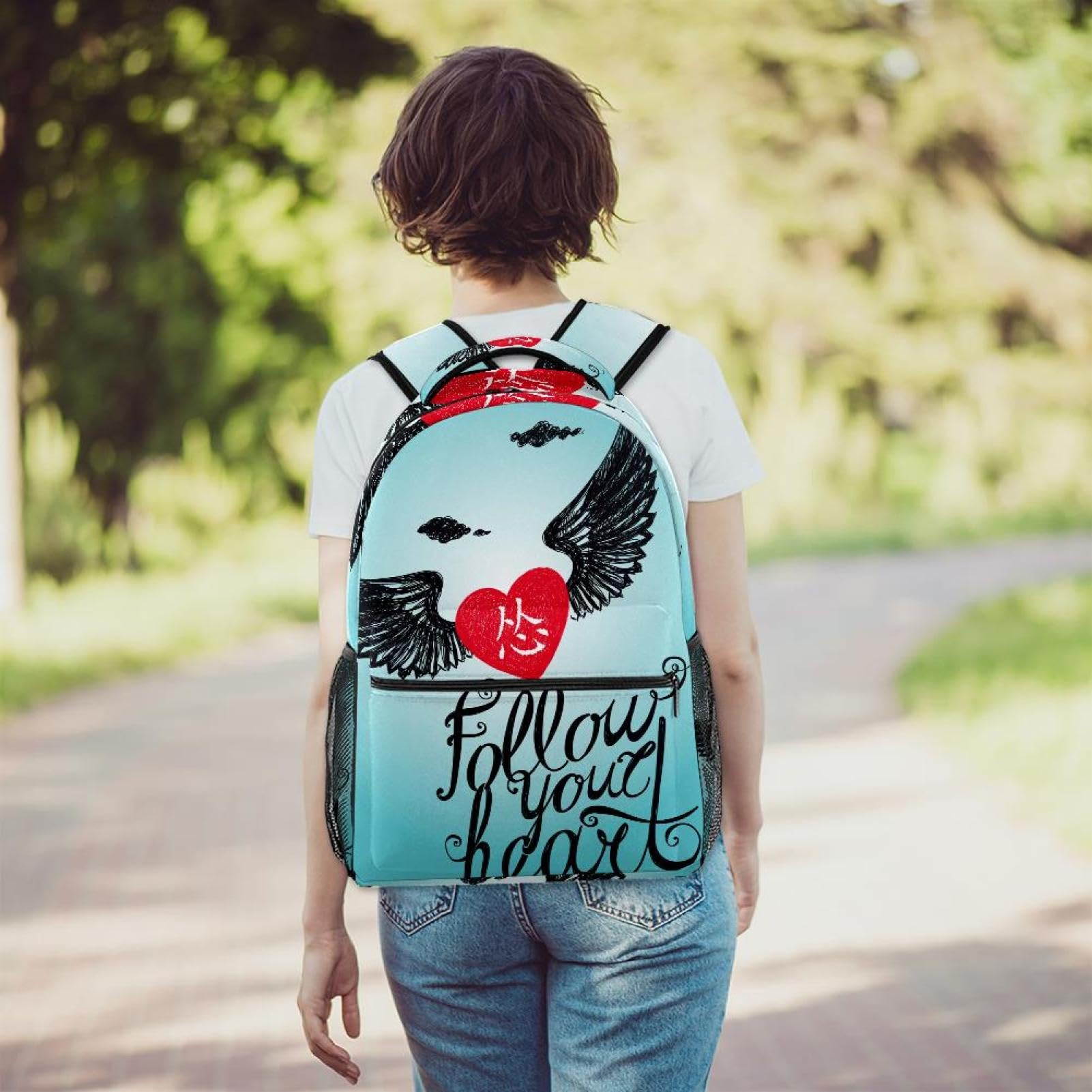 Zaino per bambini con scritta in lingua inglese "Lettering Wing Heart", zaino scolastico, impermeabile, casual, per libri, computer portatile, per uomo e donna