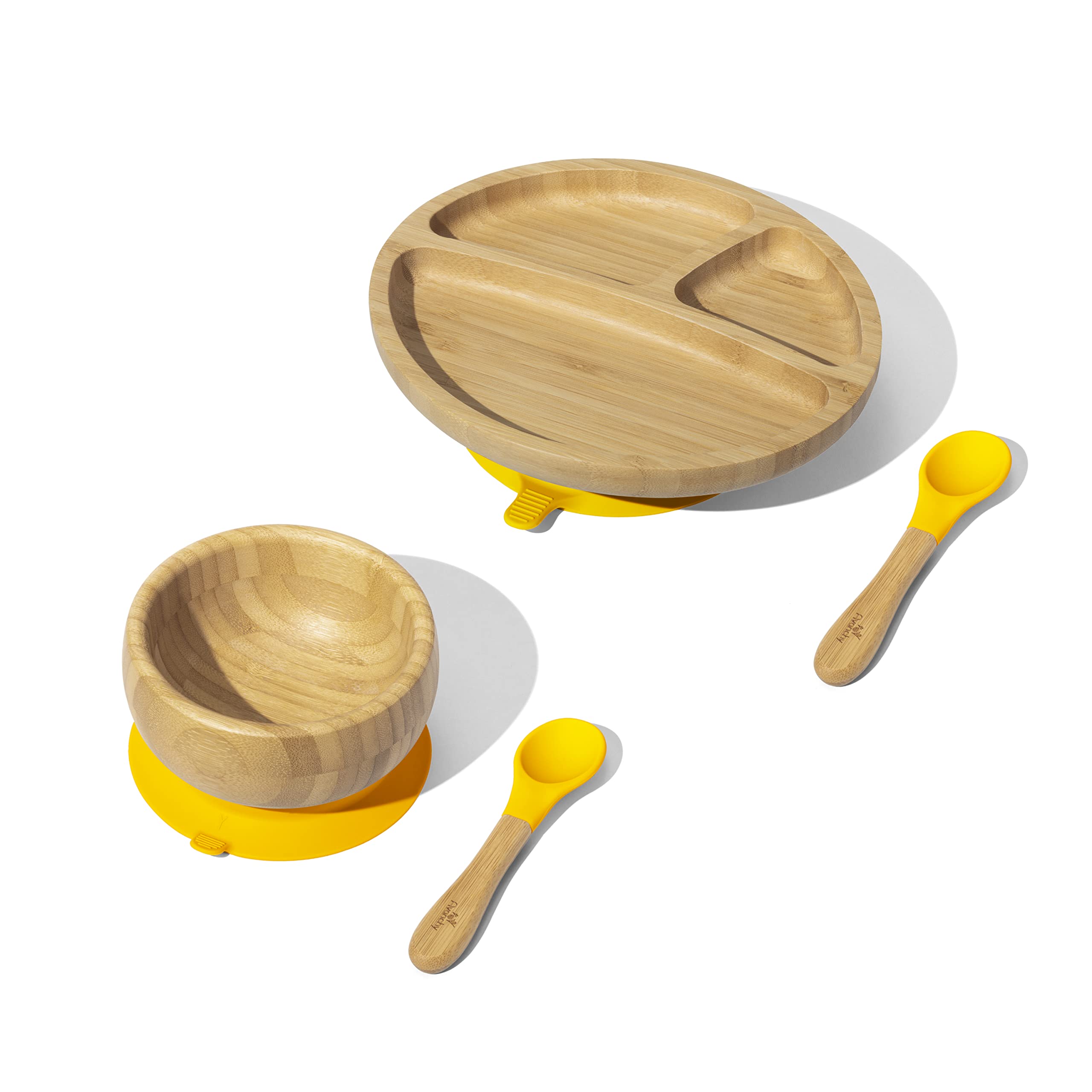 Avanchy Bamboo Suction Toddler Divider Plate, Bamboo Bowl & Spoon - 9 Months and Older - Silicon Suc