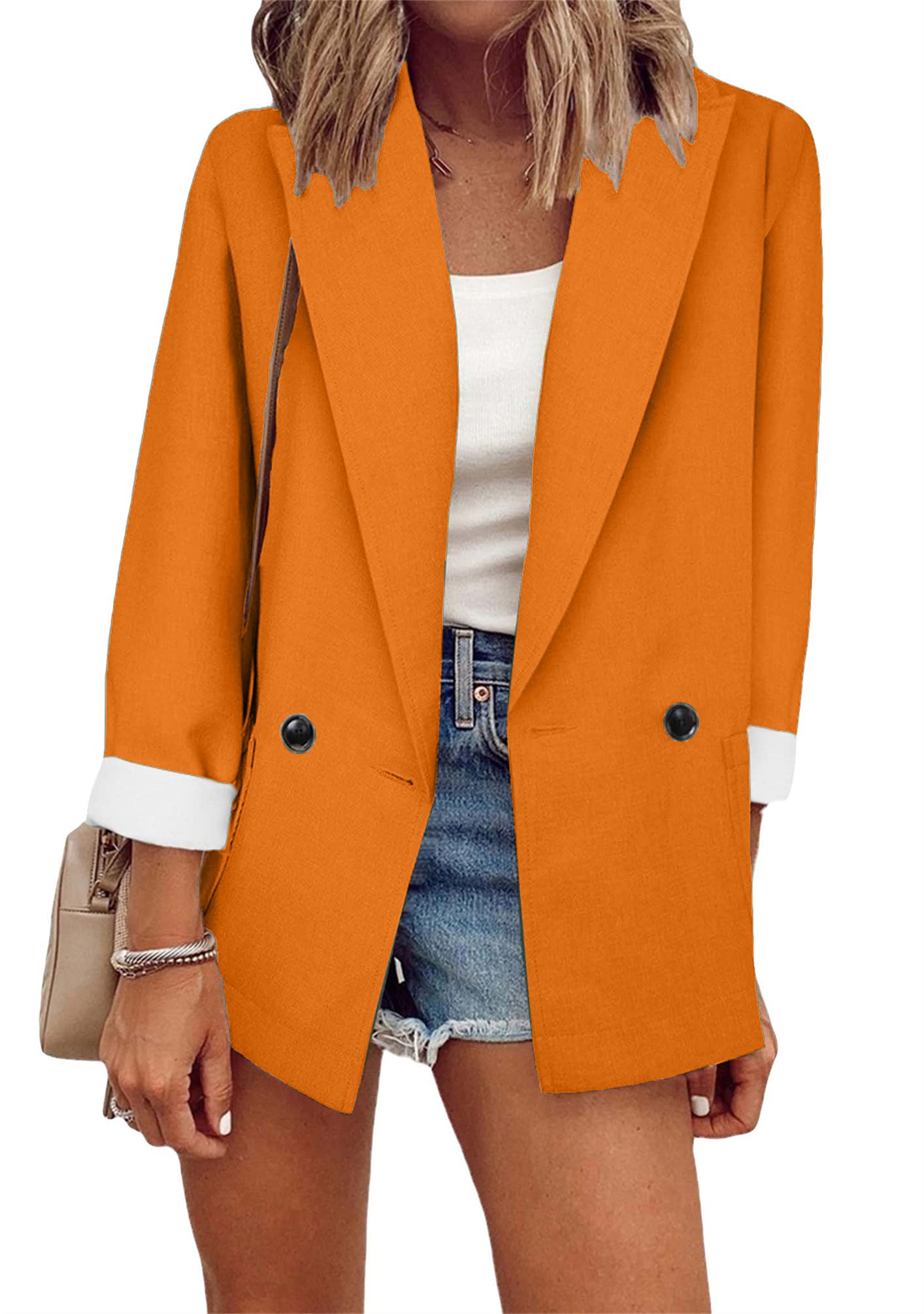 OMZIN Women's Lapel Pockets Long Sleeve Blazer Open Front Coat Jacket