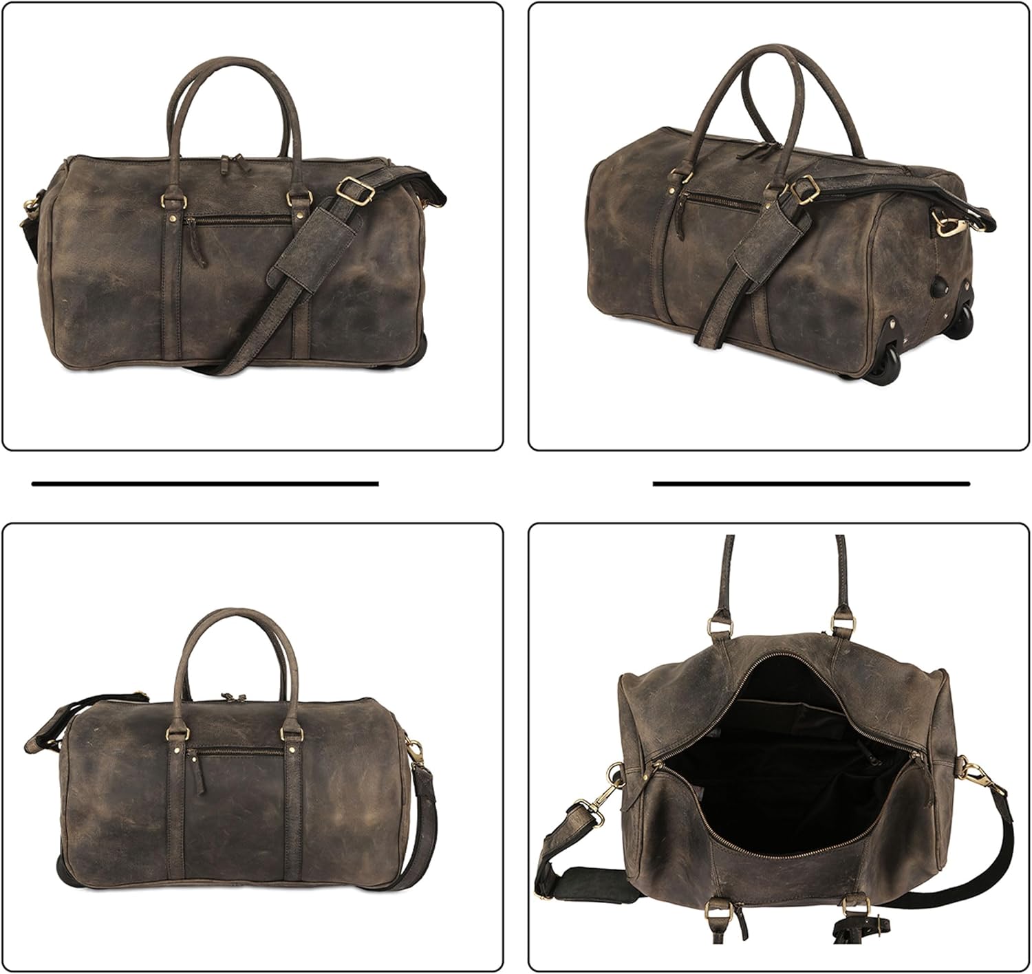 Leather Rolling Travel Duffle Bag for Men Women 21 inch with wheels Sports Overnight Weekend Duffel Gym Cabin Holdall with wheels for easy carry