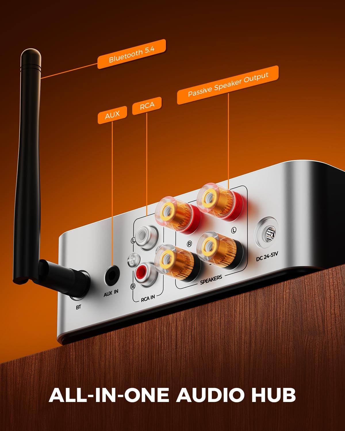Qlearsoul HiCore H2 Bluetooth 5.4 Hi-Fi wzmacniacz stereo — TI TPA3255 klasa D, 100 W x2 (@ 4Ω) wyjście znamionowe, tryb Anti-Hijack BT, RCA/AUX/BT 3-wejściowy hub do głośników pasywnych, zawiera
