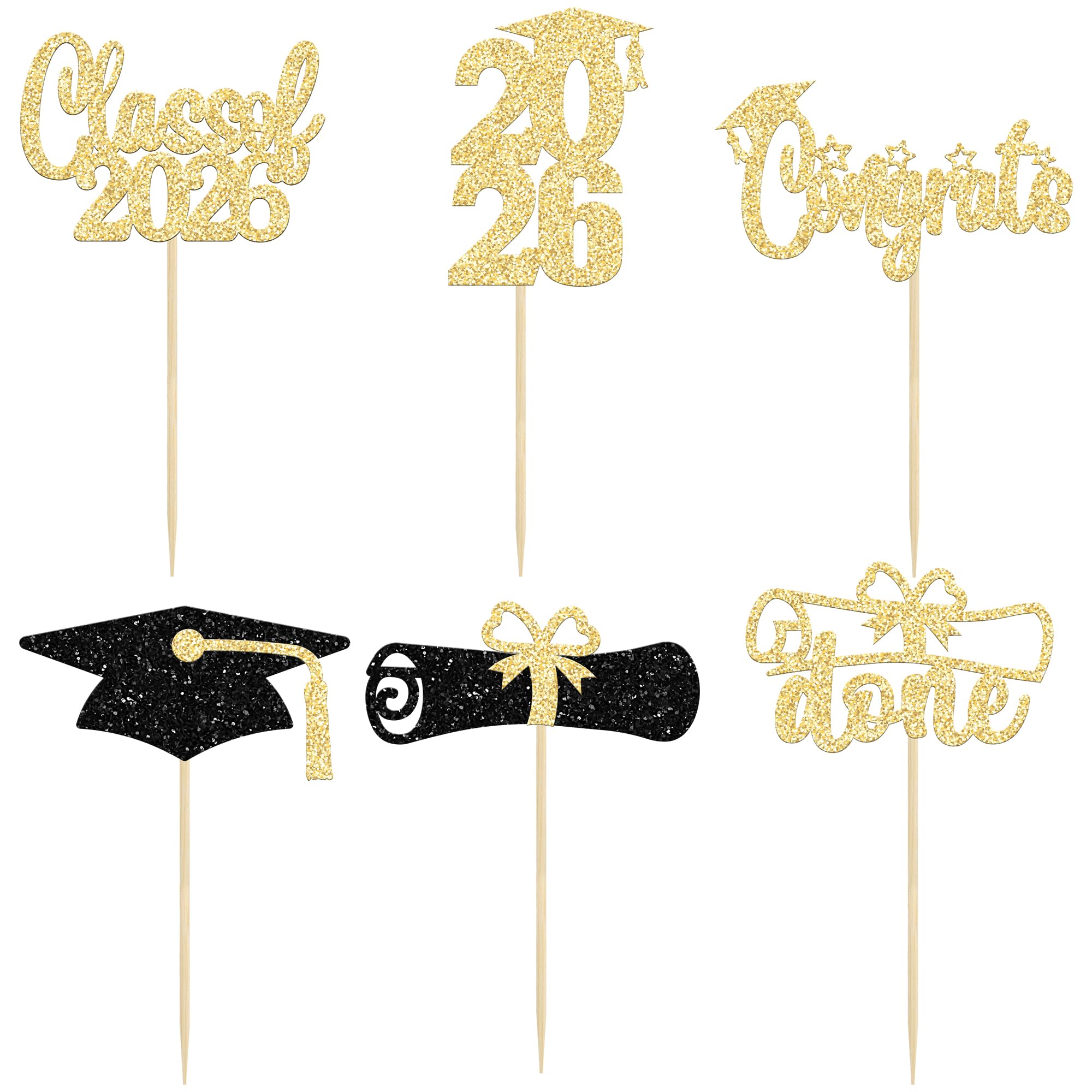 Graduation Cupcake Toppers 2026 Gold Glitter Class of 2026 Cupcake Toppers Supplies 2026 Congrats Grad Cap Diploma Cupcake Picks for Graduation Party Decorations 2026 24Pcs - Image 3