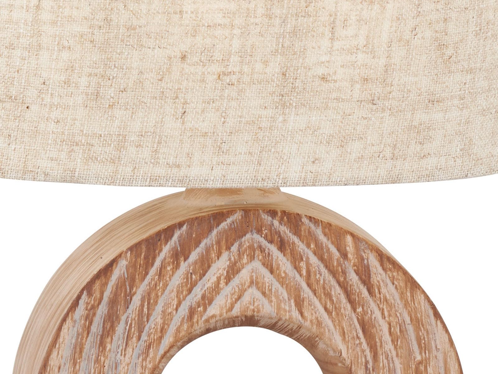 Lampa stołowa z ceramiczną podstawą o wyglądzie drewna i lnianym kloszem beżowym, wysokość 31 cm