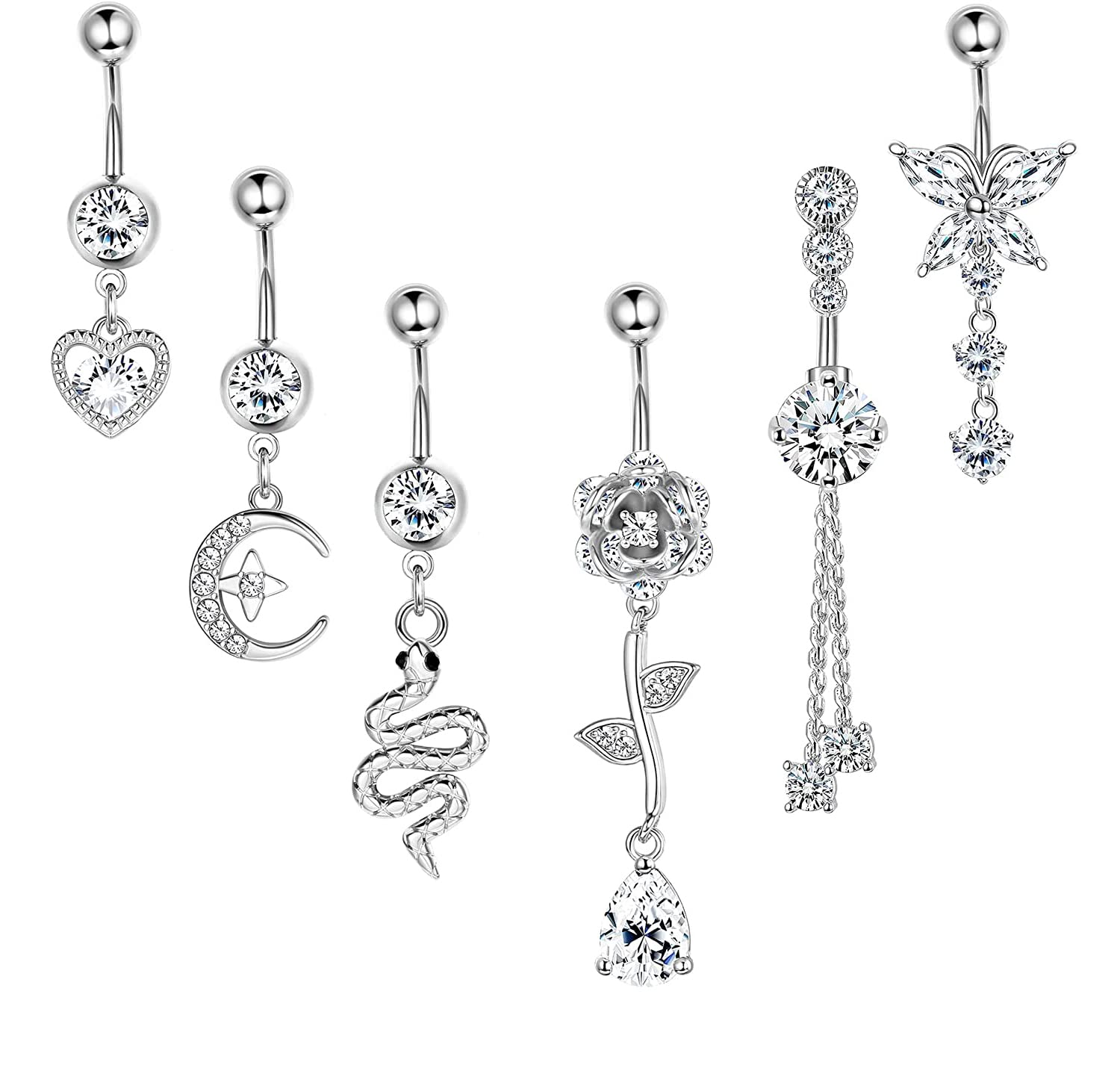 MILACOLATO 14G Piercing Ombligo Pircings Para El Ombligo Acero Quirurgico Para Mujer Plata Oro Rosa CZ Mariposa Corazon Flor Serpiente Colgantes Ombligo Anillos Barra Bolas Para Cuerpo Joyería, 7Pcs