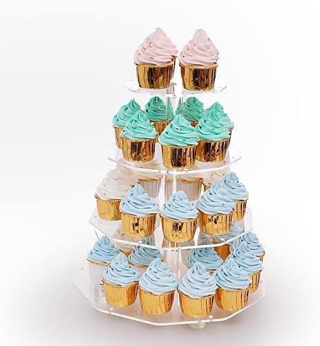 Soporte transparente para cupcakes de 4 niveles con cadena de luz LED, exhibición de cupcakes de acrílico para bodas, cumpleaños, aniversario,