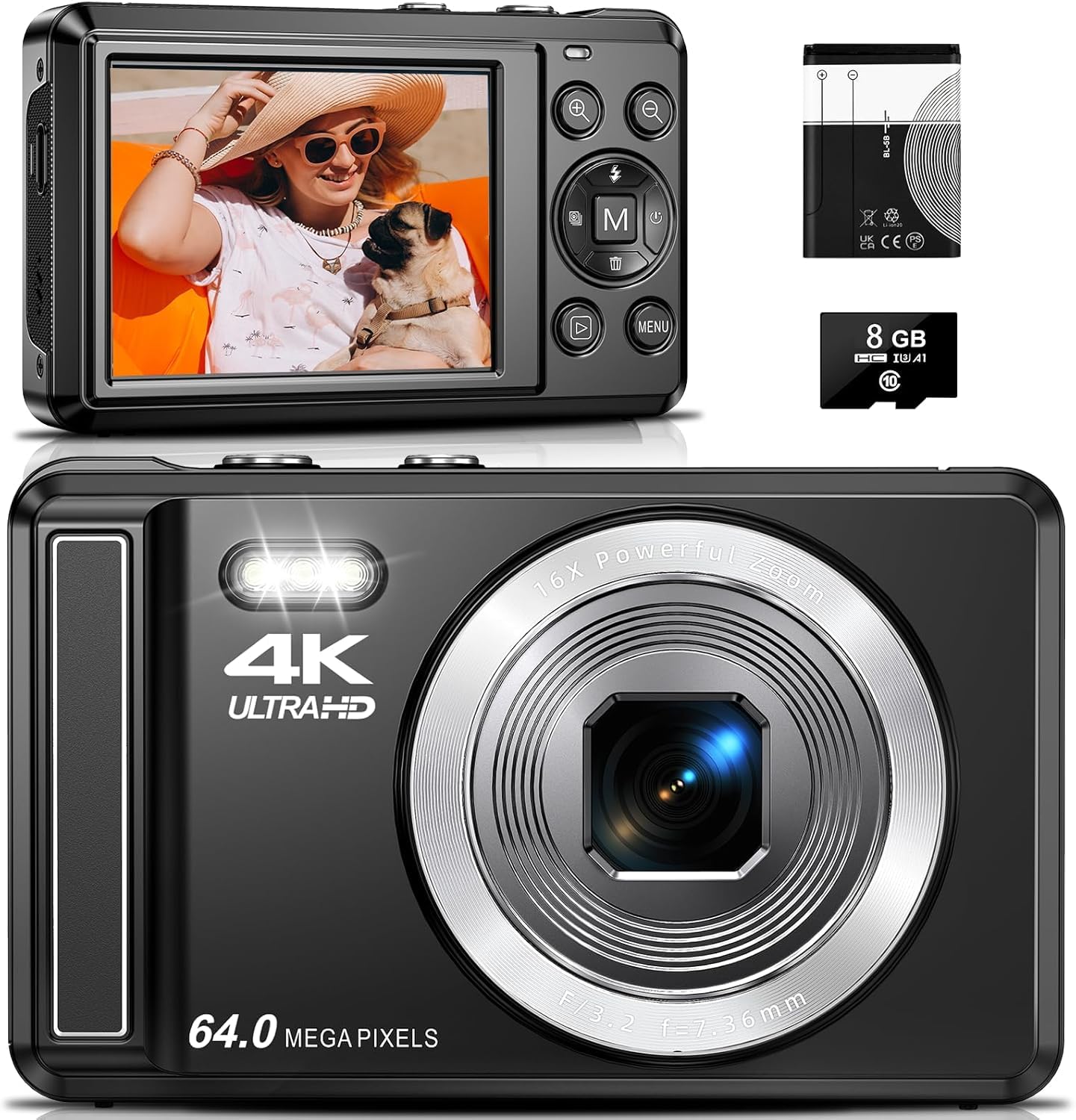 Appareil Photo Numérique Compact 4K UHD 64 MP avec Autofocus, Zoom Numérique 16X, Écran 2, 8', Carte Micro SD et Batterie Rechargeable Incluses, Webcam pour Vlogging, Débutants et Adolescents