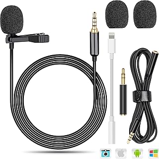 LUYOAH Lavalier Microphone 3.5mm Lavalier Lapel Microphone Omnidirectional Condenser for PC with Adapter Compatible iPhone Android Laptop Interview YouTube Recording Podcast