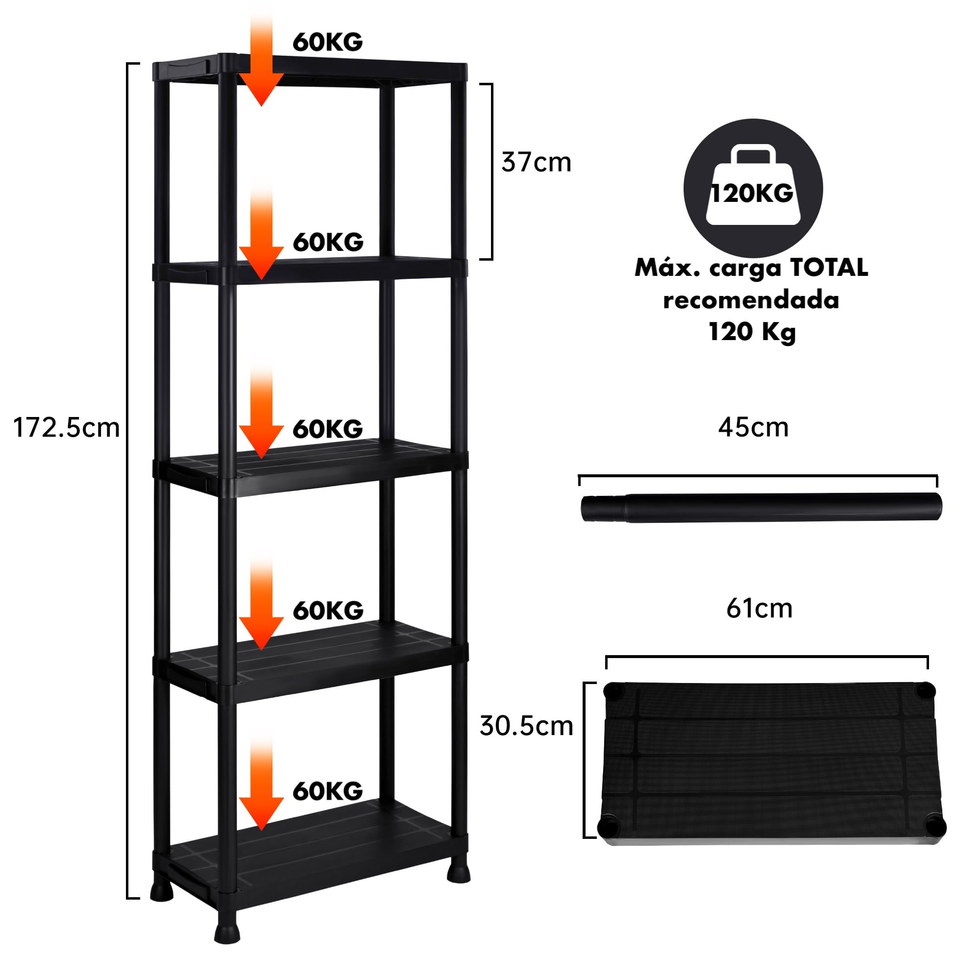 Pack 2 estanterías de plástico modulares 170x60x30 cm con 5 baldas Resistentes Cada una | Almacenaje Ideal para Interior y Exterior: Garaje, trastero, jardín, Oficina | Montaje sin Herramientas - 4