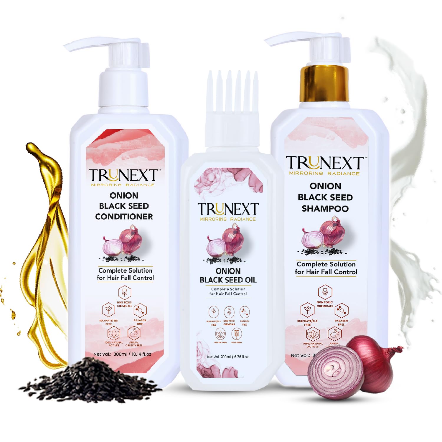 Trunext Onion Black Seed Hair Fall Control Shampoo for Complete Solution - 300ml, Hair Conditioner for Women - 300ml, Hair Oil original Healthy & Strong Hair - 200ml Men & Women (Combo Pack of 3)-image-35