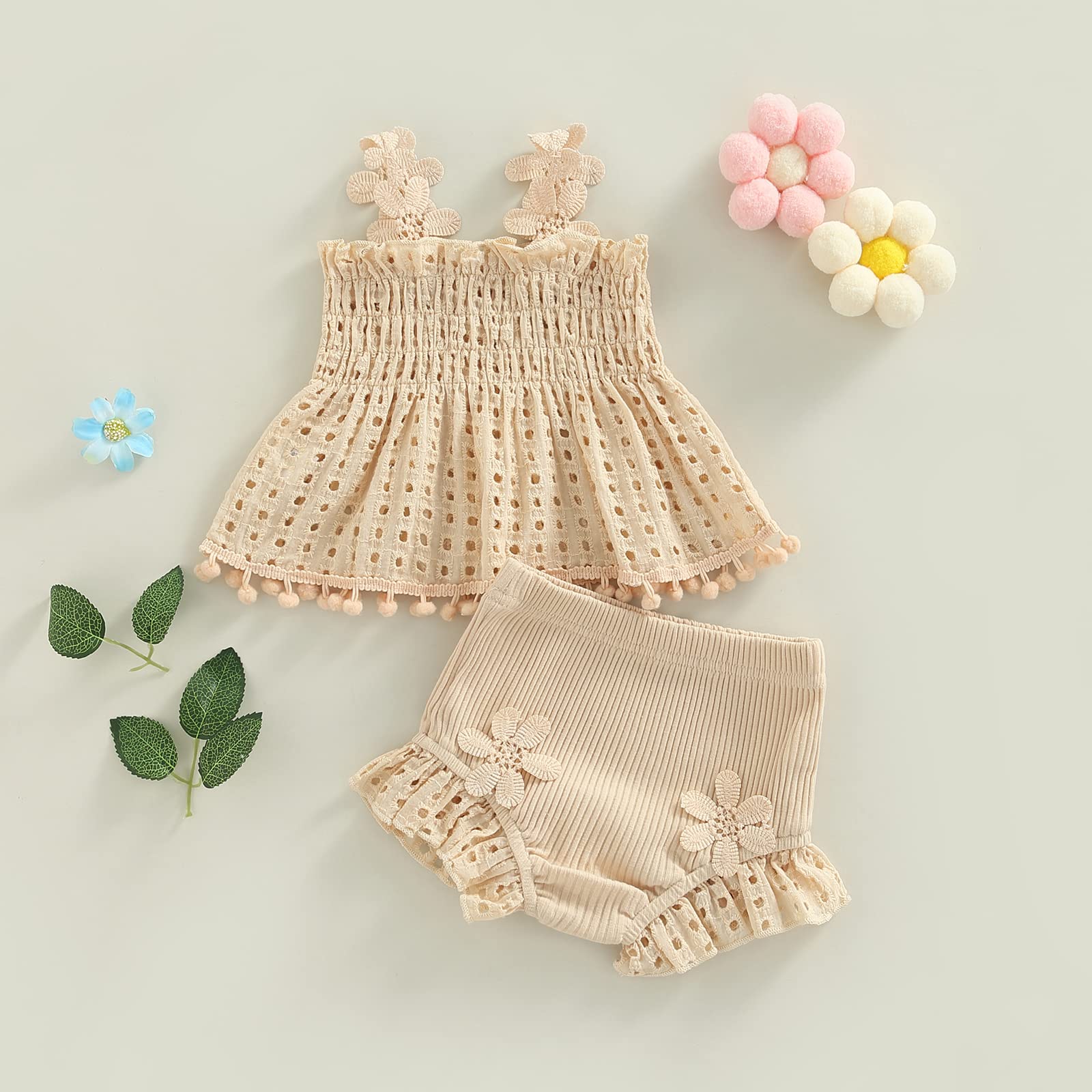 Newborn Baby Girl Summer Clothes Cute Tassel Princess Tank Tops and Ruffle Shorts Set Birthday Photography Outfit (Apricot, 0-3 Months)