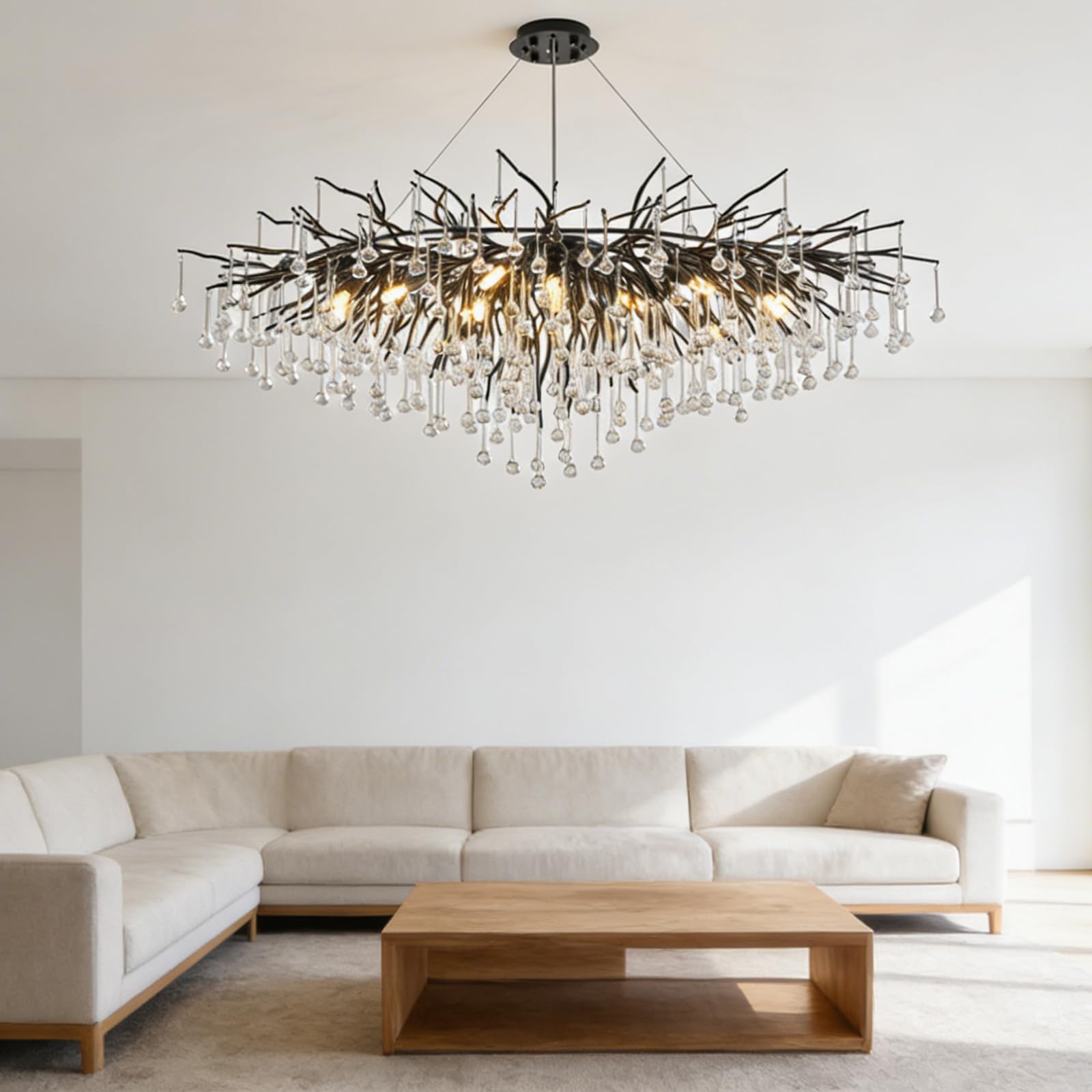 KXEcoLife Modern Crystal Chandelier Luxury Tree Branch Pendant Lighting Contemporary Large Rectangular Chandeliers for Dining Room Kitchen Bedroom Living Room,Black L120cm