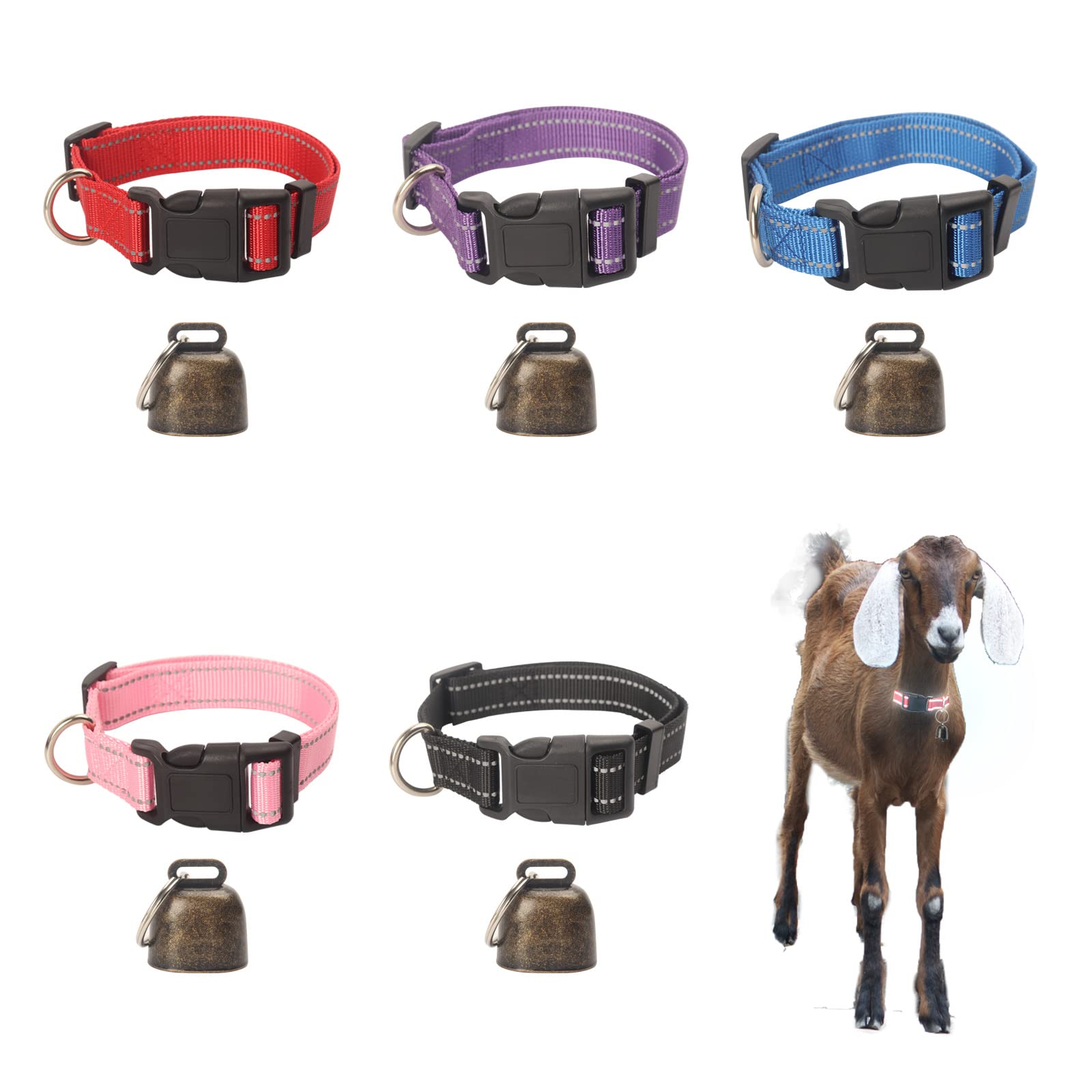 5 Pack Goat Collar with Bell, Reflective Adjustable Nylon Collar Set Sheep Collar with Bell, Pet Anti-Lost Grazing Copper Bells for Small Farm Animal Sheep Cow Pet Goat Accessories