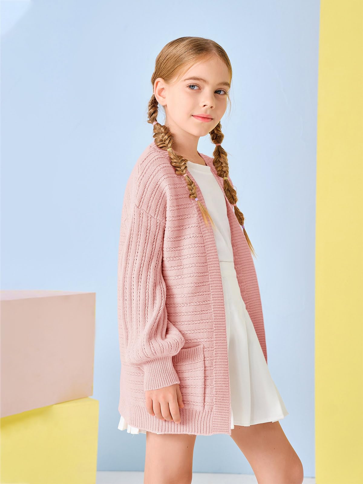 Haloumoning Cardigan per bambine e ragazze, aperto sul davanti, a maniche lunghe, lavorato a maglia, con tasche, 5-14 anni