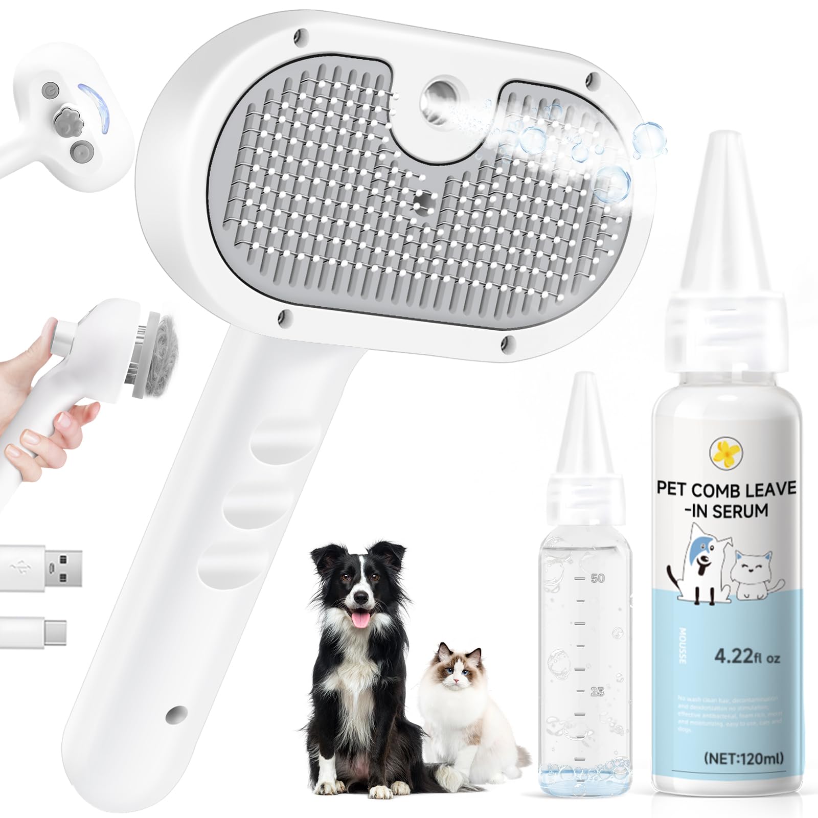 Haustier-Dampfbürste für Hunde und Katzen, Fellpflegekamm für Haarausfall, schwimmendes Haar, glatt und entwirrend, sanfter kühler Nebel, macht das Haar weicher, reduziert statische Aufladung und