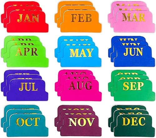 36 pestañas mensuales de papel de aluminio dorado, pestañas adhesivas, accesorios de diseñador, calcomanías de calendario de metal neutro para
