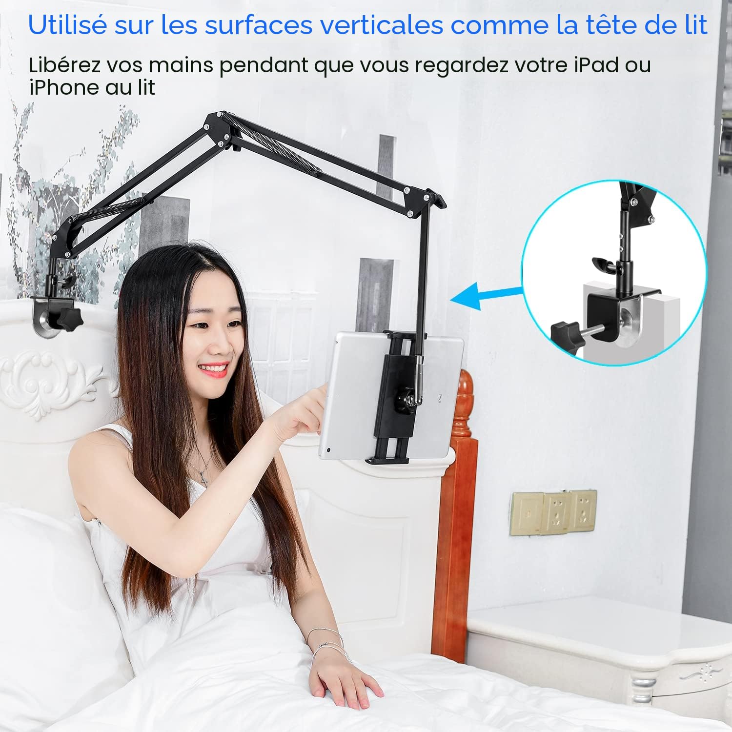 SAMHOUSING Support de tablette pour lit - Support rotatif à 360 degrés avec bras en aluminium stable pour iPad, tablettes, téléphones ou autres appareils avec écran de 4,5 à 12,9 pouces