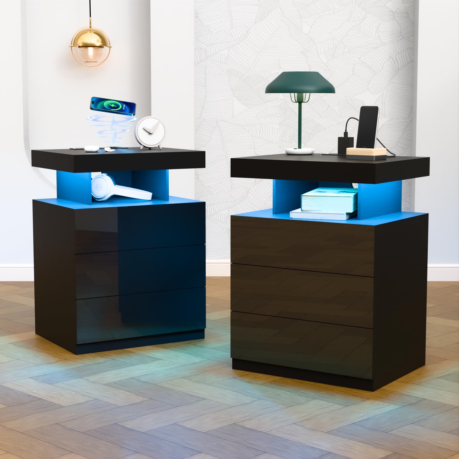 HOMMPA Set of 2 LED Nightstand with Wireless Charging Station Black Bedside Table with 3 Drawers USB Port Type C Modern Smart LED Nightstand Tall