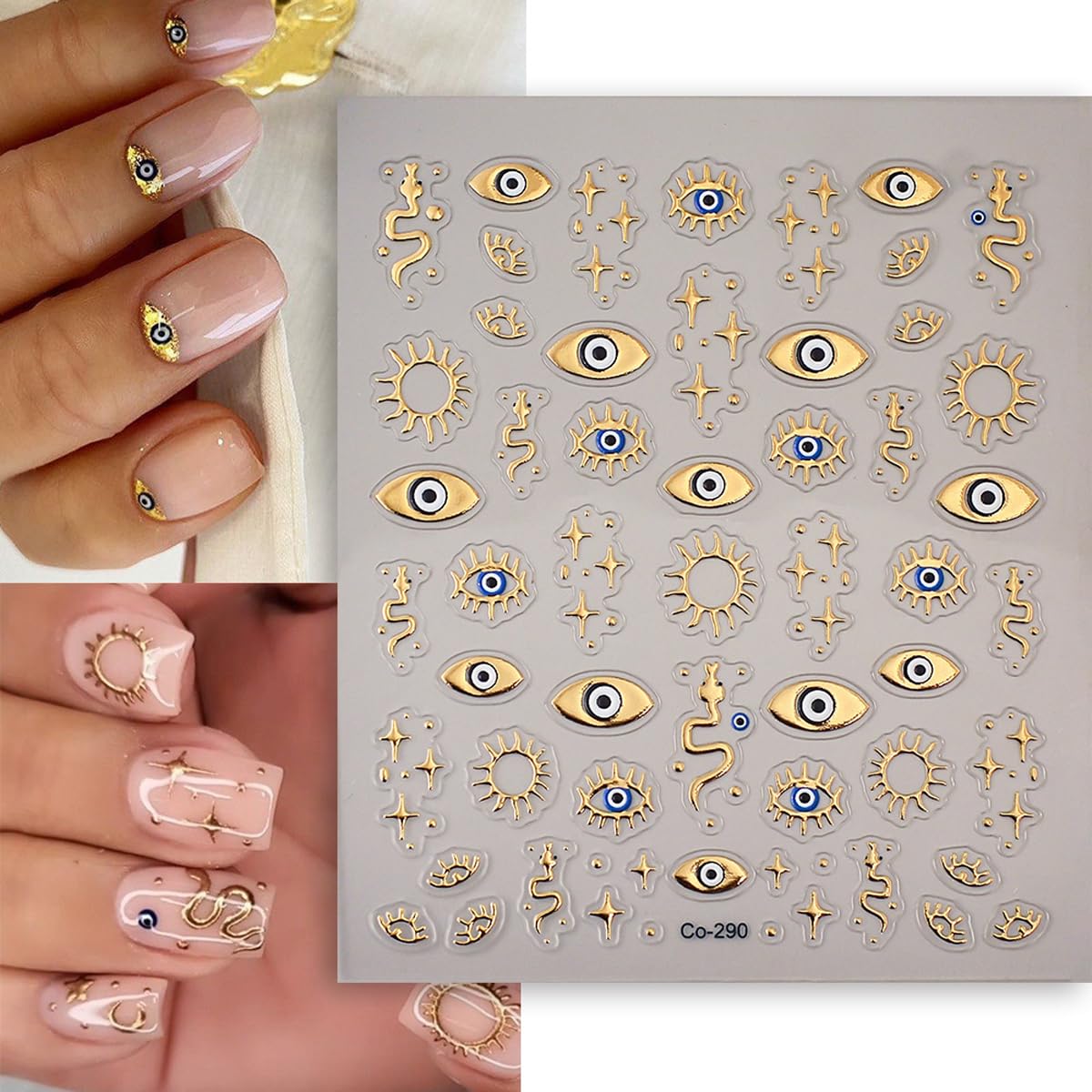 Adesivi per unghie dorati 3D con motivo malocchio dorato, decalcomanie dorate con stella di serpente, decalcomanie dorate per unghie, disegni autoadesivi, forniture per nail art