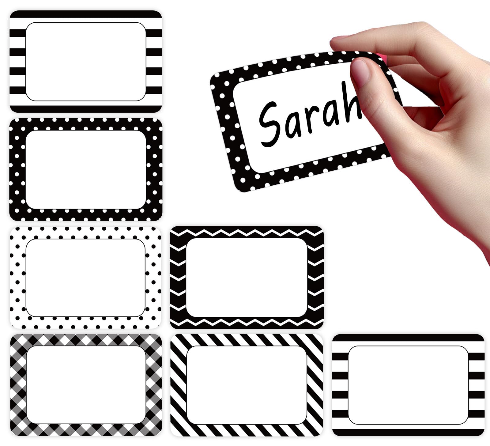 Whaline 180 Pcs Back to School Name Tag Stickers Self-Adhesive Nameplate Decal Black White Polka Dot Stripe Plaid Blank Name Label for School Classroom Bulletin Board Desk Wall Decor