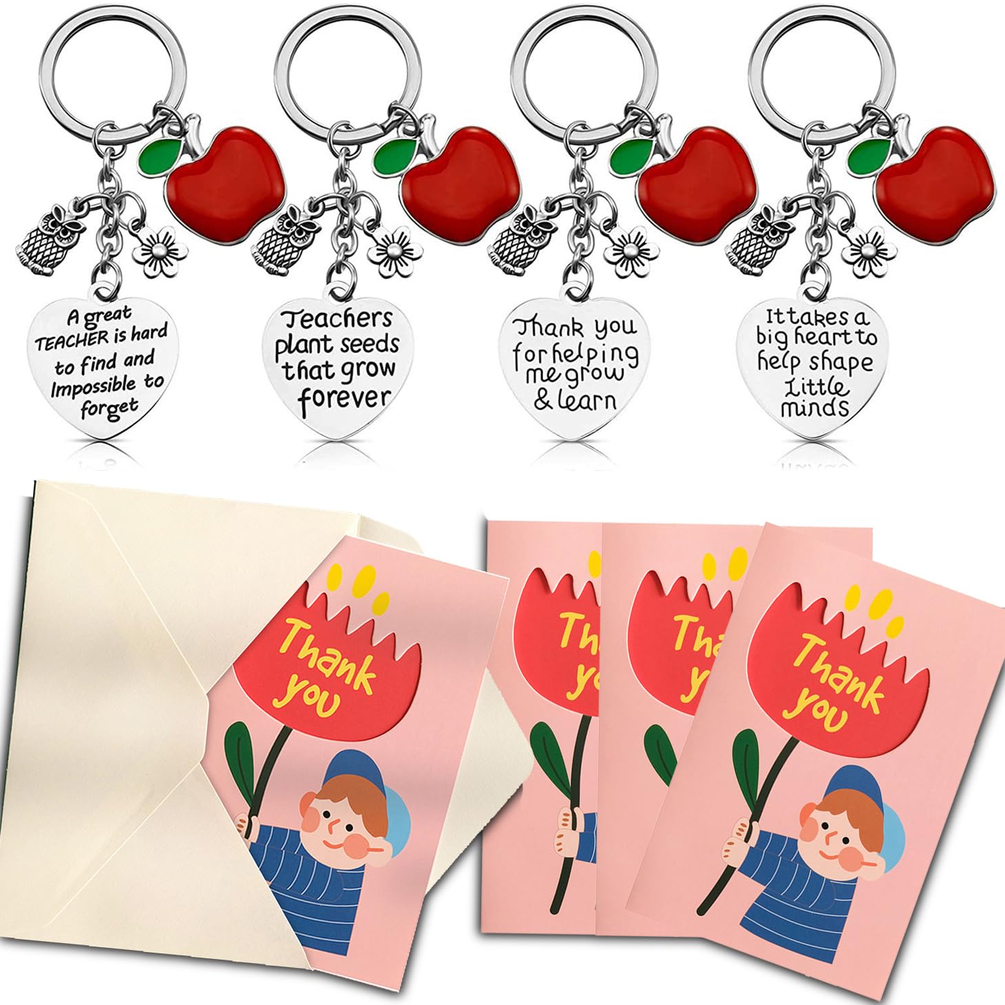8Pcs Teacher Appreciation Gifts Set 4Pcs Boy Girl Thank You Teacher Card with Envelopes and 4Pcs Teacher Keychain, Teacher Appreciation Gift for Teachers' Day, Grad Thanksgiving Christmas Presents