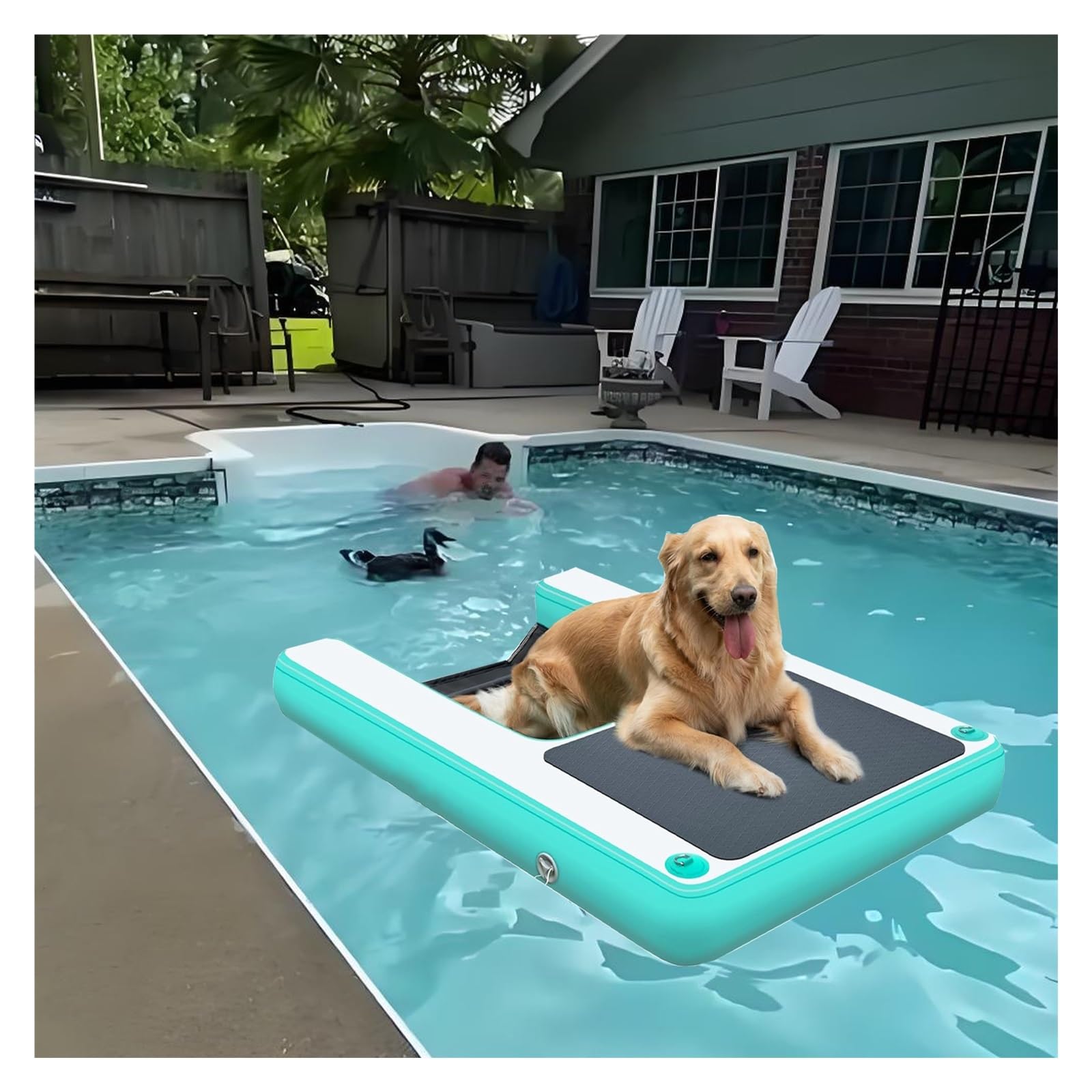 Foldable Dog Inflatable Floating Dock Large, 3.9in Thick Portable Pet Dock Platform Extra Large with Weighted Mesh Under Water & 3D Steps, 59in Dog Pool Ramp Above Ground(Green,1 pc)