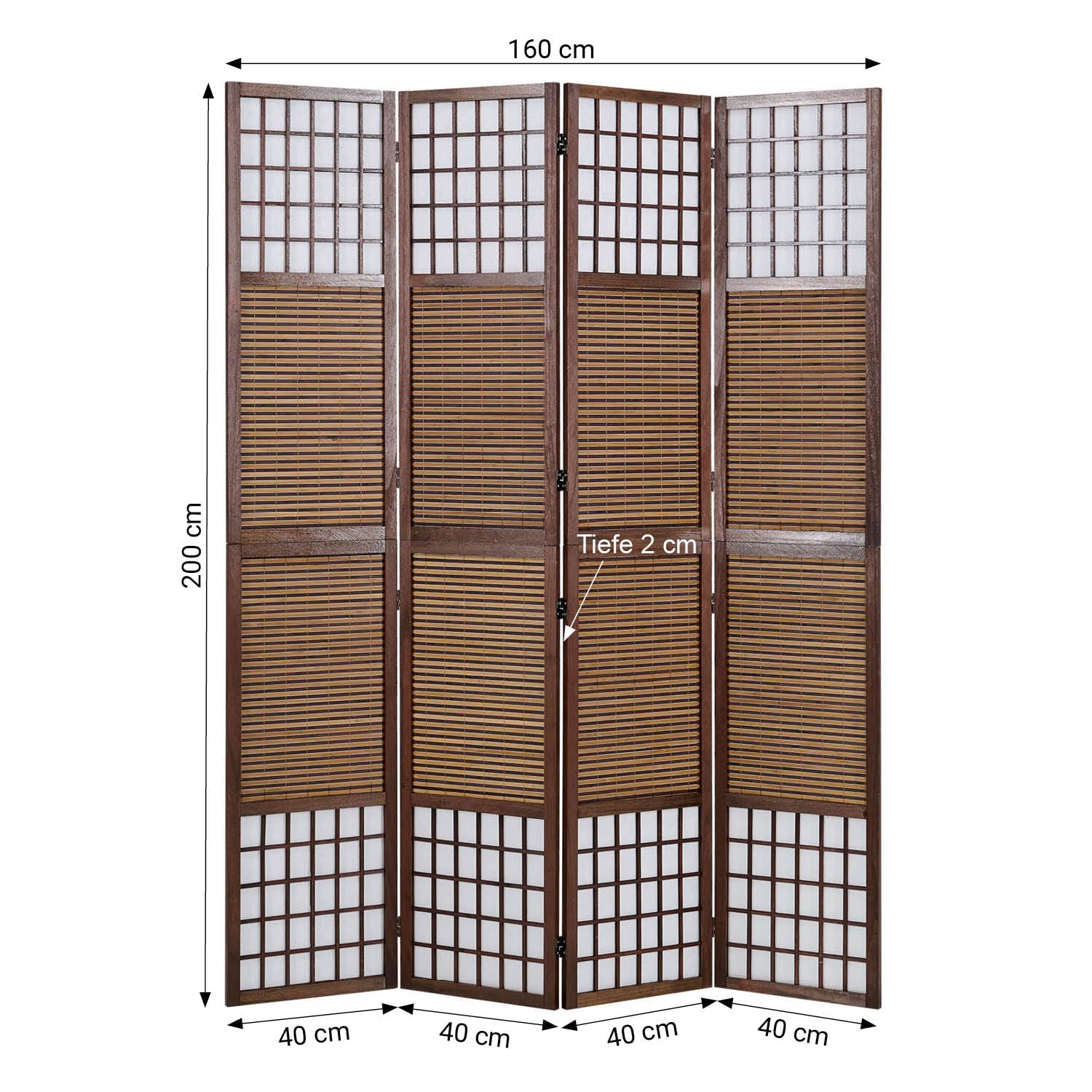 Homestyle4u 876, 4 pan Diviseur de pièce paravent Taille spéciale 2 m de Hauteur - Bois diviseur Shoji avec Bambou au Riz Brun Blanc