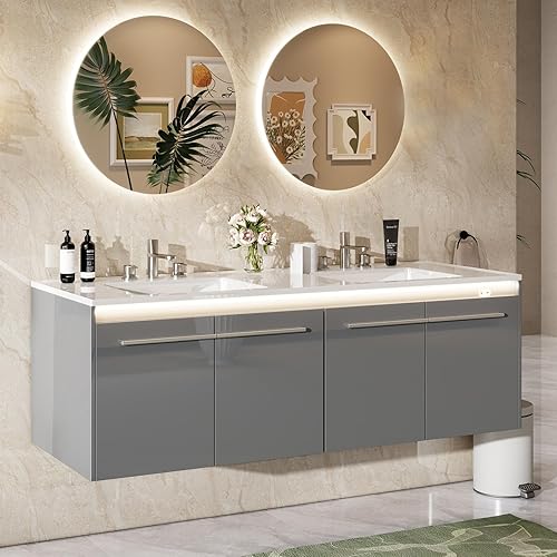 Miniatura 18 de AMERLIFE Tocador de baño flotante LED de 31 pulgadas con fregadero, fregadero individual de alto brillo montado en la pared, gabinete de Blanco