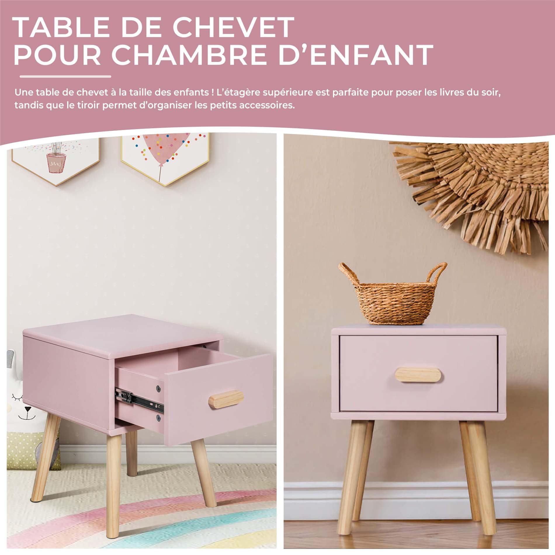 Rebecca Mobili Table de Chevet pour Enfants, Mobilier pour Chambre d'enfant, Rose Marron, Pin MDF, avec 1 Tiroir avec Guides, Gain de Place - Dimensions HxLxP: 44 x 35 x 35 cm - Art. RE6977