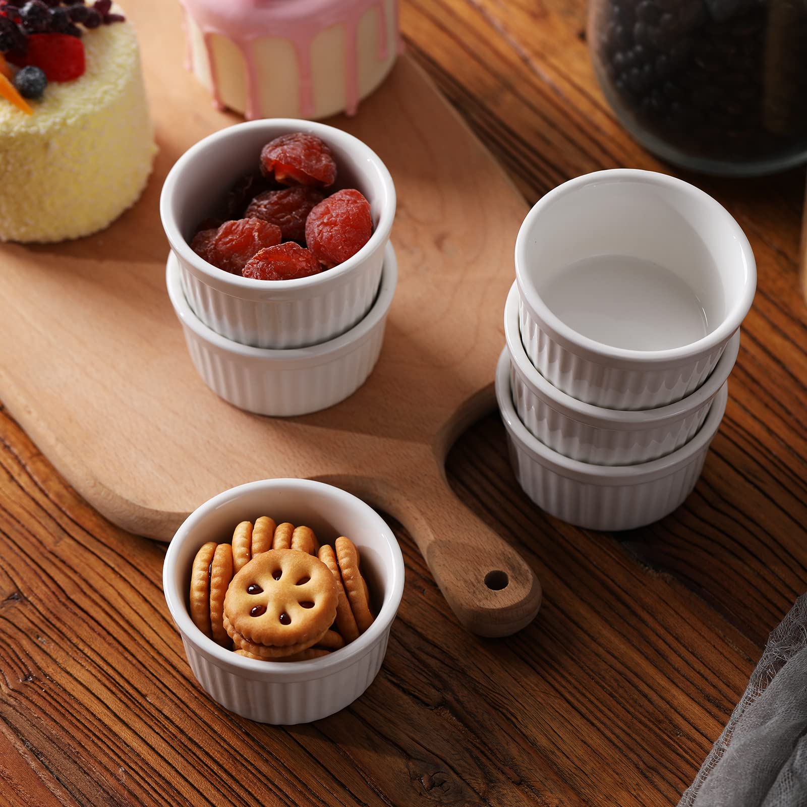 Lot de 6 ramequins en porcelaine pour souffle, crème brûlée, pudding, crème grise, moules de cuisson, passent au four, blanc (7,6 cm)