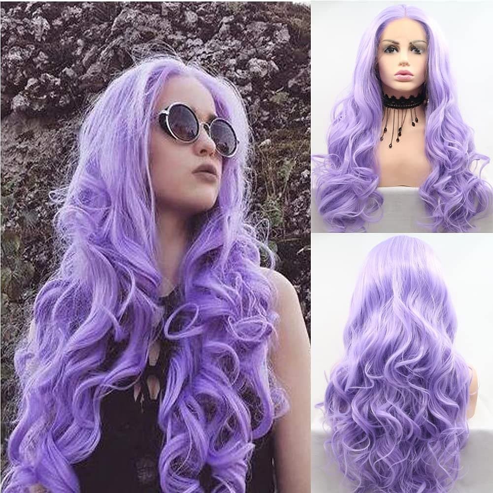 3x13" Long Wave 24" Pastel Lilac Purple Wig Ladies Party Cosplay Travel Light Purple Synthetic Lace Front Wigs for Women Daily Use Drag Queen Body Wave Purple Wigs Natural Hairline