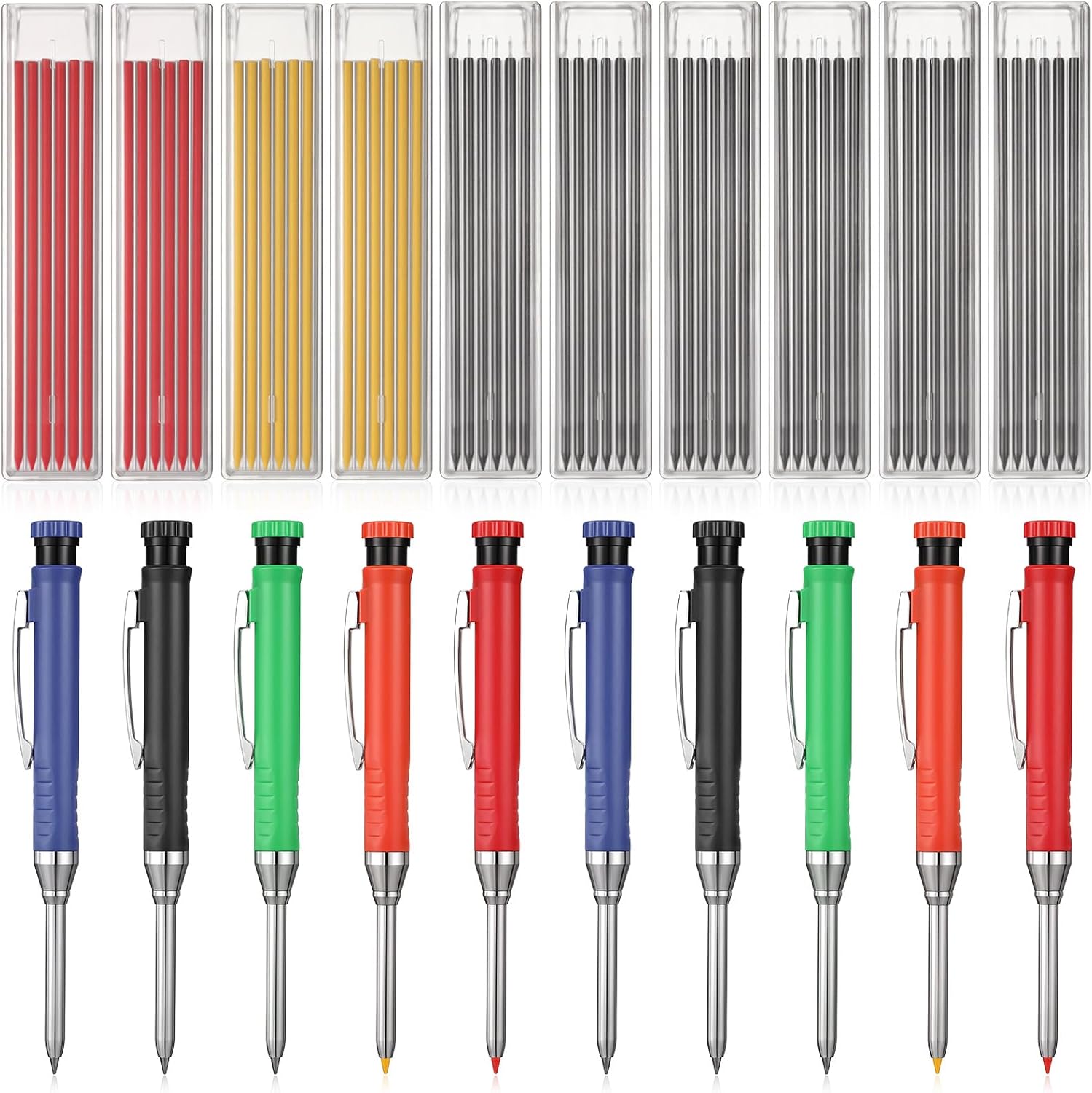 10 Pcs Solid Carpenter Pencils with 60 2.8mm Refills, Needle Nose Tip Hole Marker with Built-in Sharpener for Woodworking Drafting Architect Tool
