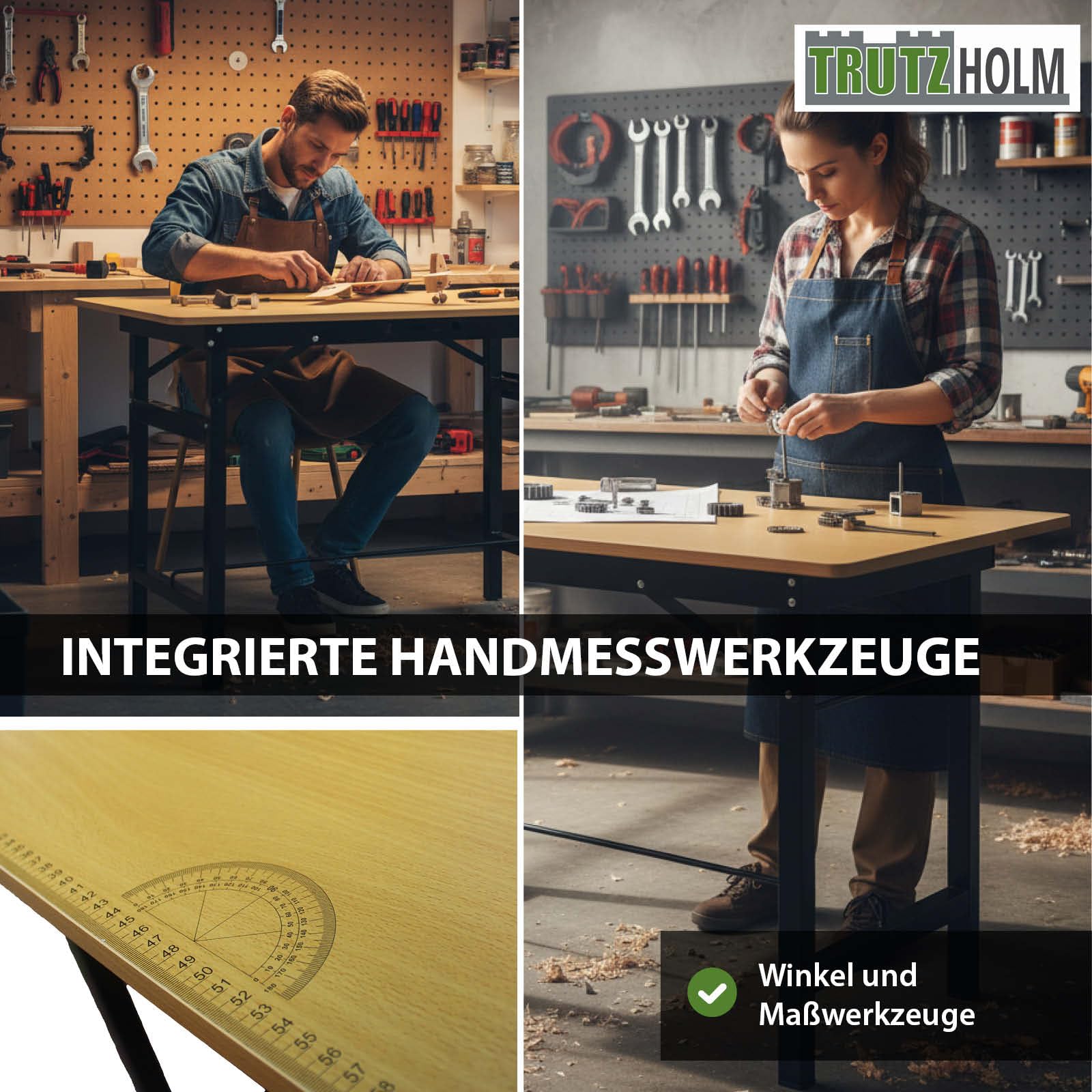 TRUTZHOLM Werkbank 100 x 60 x 75 cm klappbar Werktisch 150 kg belastbar, Arbeitsplatte mit Lineal und Winkelmesser, linierter Arbeitstisch mit Tragegriff Arbeitsbank Werkstatteinrichtung
