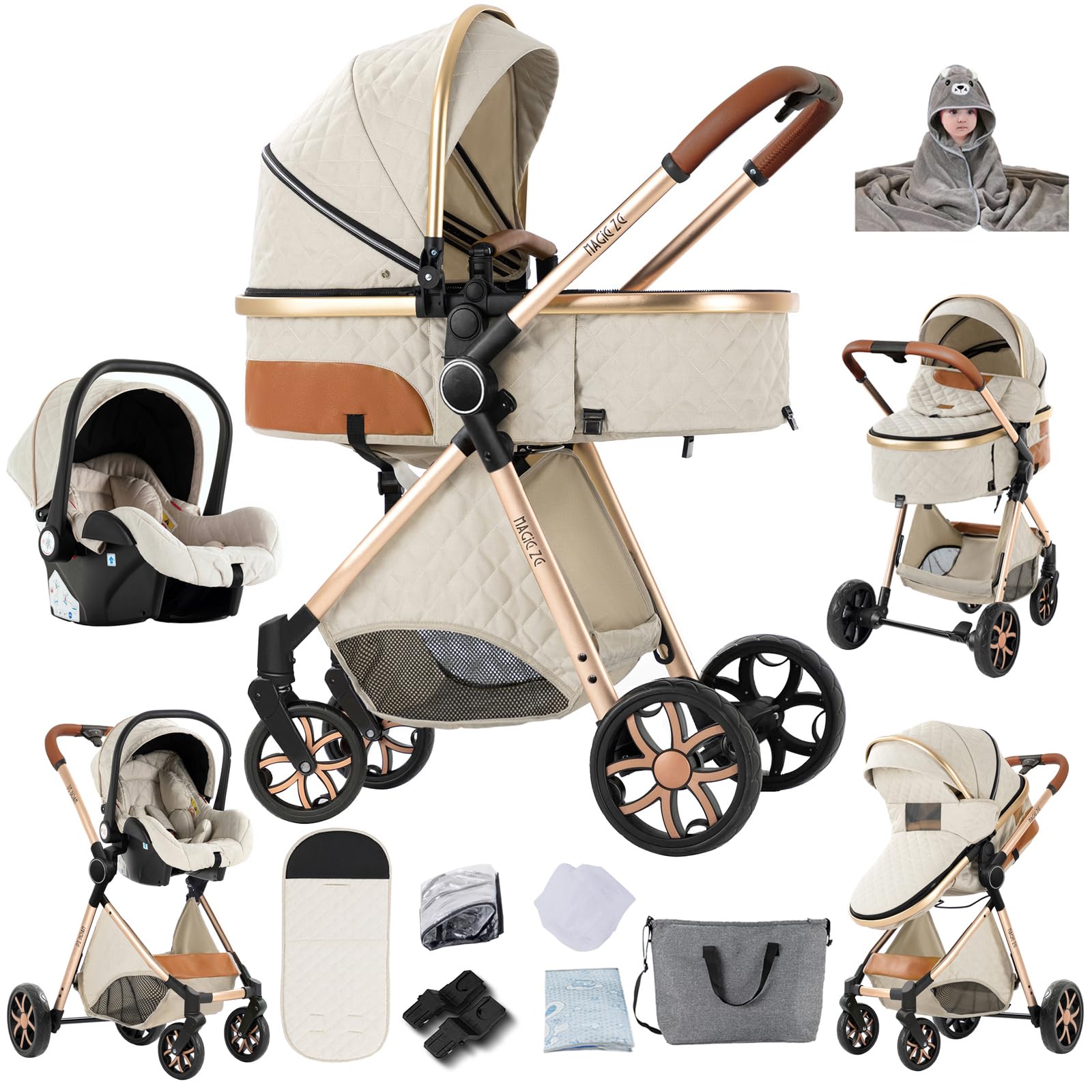 Magic ZC Poussette 3 en 1, Poussette Bebe avec Conception Portable Pliable en Un Clic, Pousette 3 en 1 avec Poussée Réversible Bidirectionnelle, Poussette Canne avec Accessoires (YV9 White)