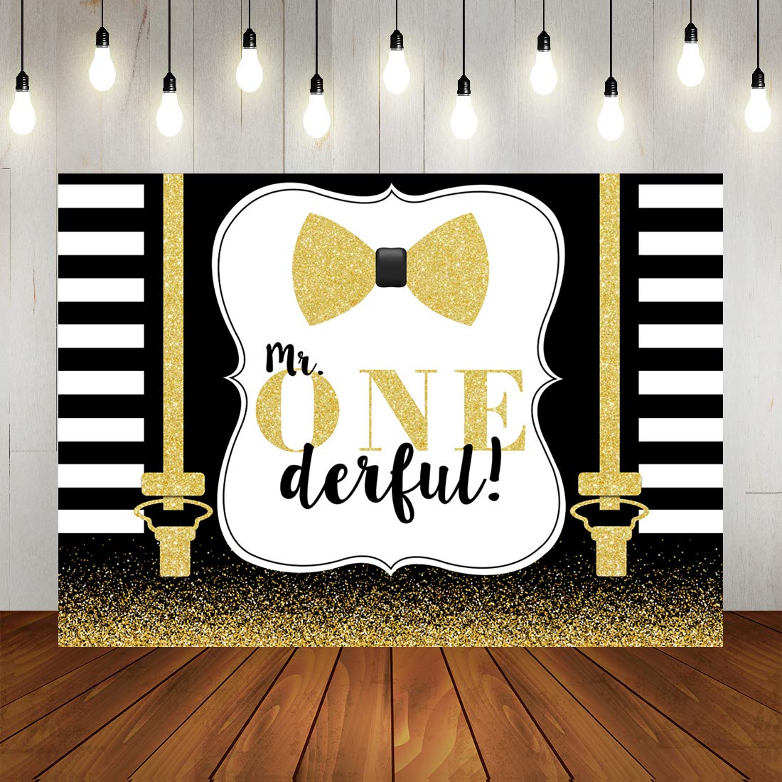 Mr Onederful Backdrop Boy's First Birthday Background Glitter Black and White Stripes Golden Tie 1st Birthday Party Decorations Banner Photo Booth Props 7x5ft