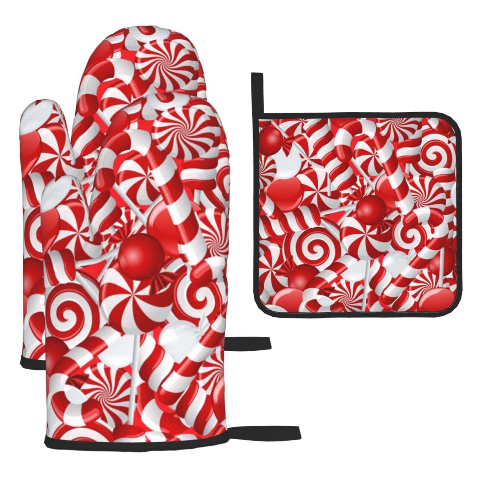 Candy Canes Print Oven Set Kitchen Gloves Baking Grilling Microwaving Cooking Gift Everyday Holiday