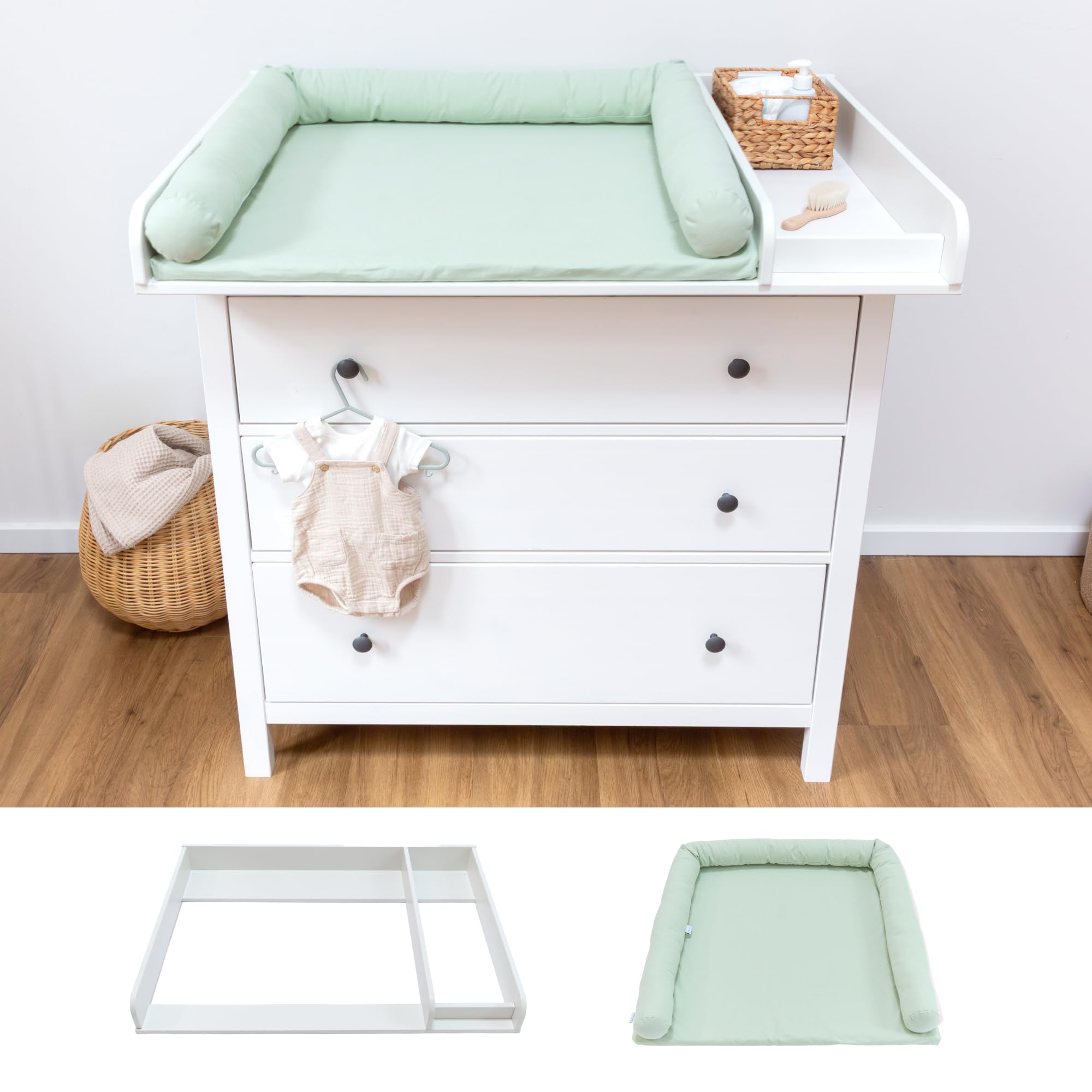 LIMMALAND Wickelaufsatz Set für IKEA HEMNES 108 cm – Aufsatz sowie Wickelauflage & Umrandung aus 100% Baumwolle