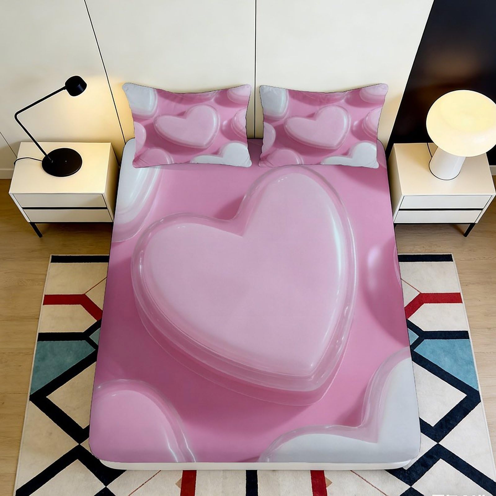 3D Printed Pink Heart Fitted Sheet Microfiber Deep Pocket Non-Slip Bedroom Bedding Pink Heart Mattress Fitted Cover Washable for Adults Teens 200x200x25cm