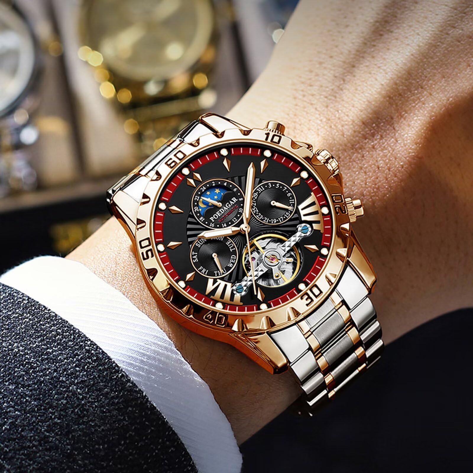 Orologio da polso da uomo, alla moda, con tourbillon, orologio meccanico da uomo, cinturino in acciaio inox, fasi lunari, orologi automatici impermeabili e luminosi
