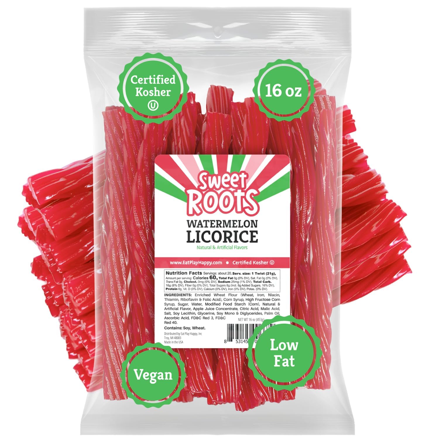 Sweet Roots Watermelon Licorice Twists – 1 Bag (16 oz) – Jumbo Size Licorice Sticks | Made with Real Fruit Juice Concentrate | Vegan, Fat Free, Kosher | Soft Gourmet Licorice CandySweet Roots Watermelon Licorice Twists – 1 Bag (1…