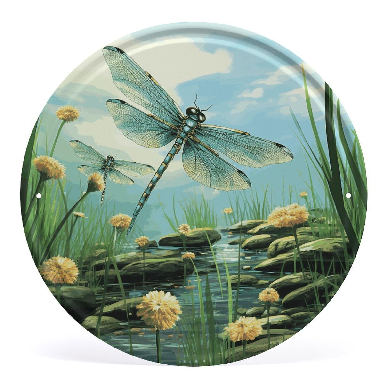 Fodpand Style Dragonflies In Flight Round Wall Art Hanging Decorations, Wall Decor Modern Minimalist Artwork, Tin Sign Hanging Picture For Living Room, Bedroom, Office, Hallway, 11.8X11.8 Inch