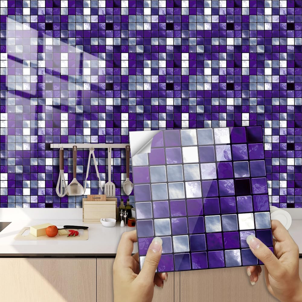 LMYSXAOZ Tile Stickers Mosaic Deep Purple Stick On Tiles,Self Adhesive Wall Tiles for Kitchen Bathroom,Vinyl Peel and Tiles,Stick Waterproof Oilproof 10 PC(30x30cm)