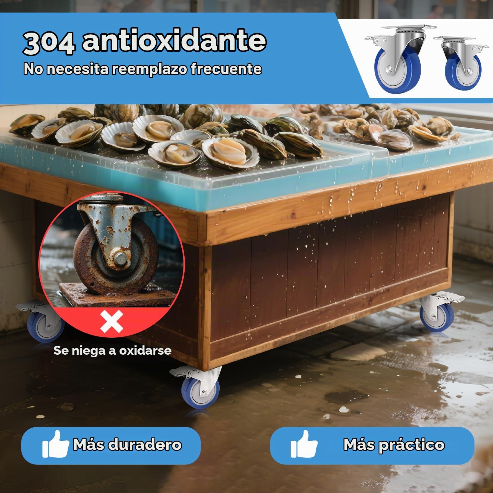 Acero Inoxidable de Alta Dureza Ruedas para Muebles Pesados, 100mm Ruedas Giratorias Pesadas Capacidad de 800kg, Ruedas Resistentes al Calor con Freno para Uso Industrial, Ambientes Húmedos