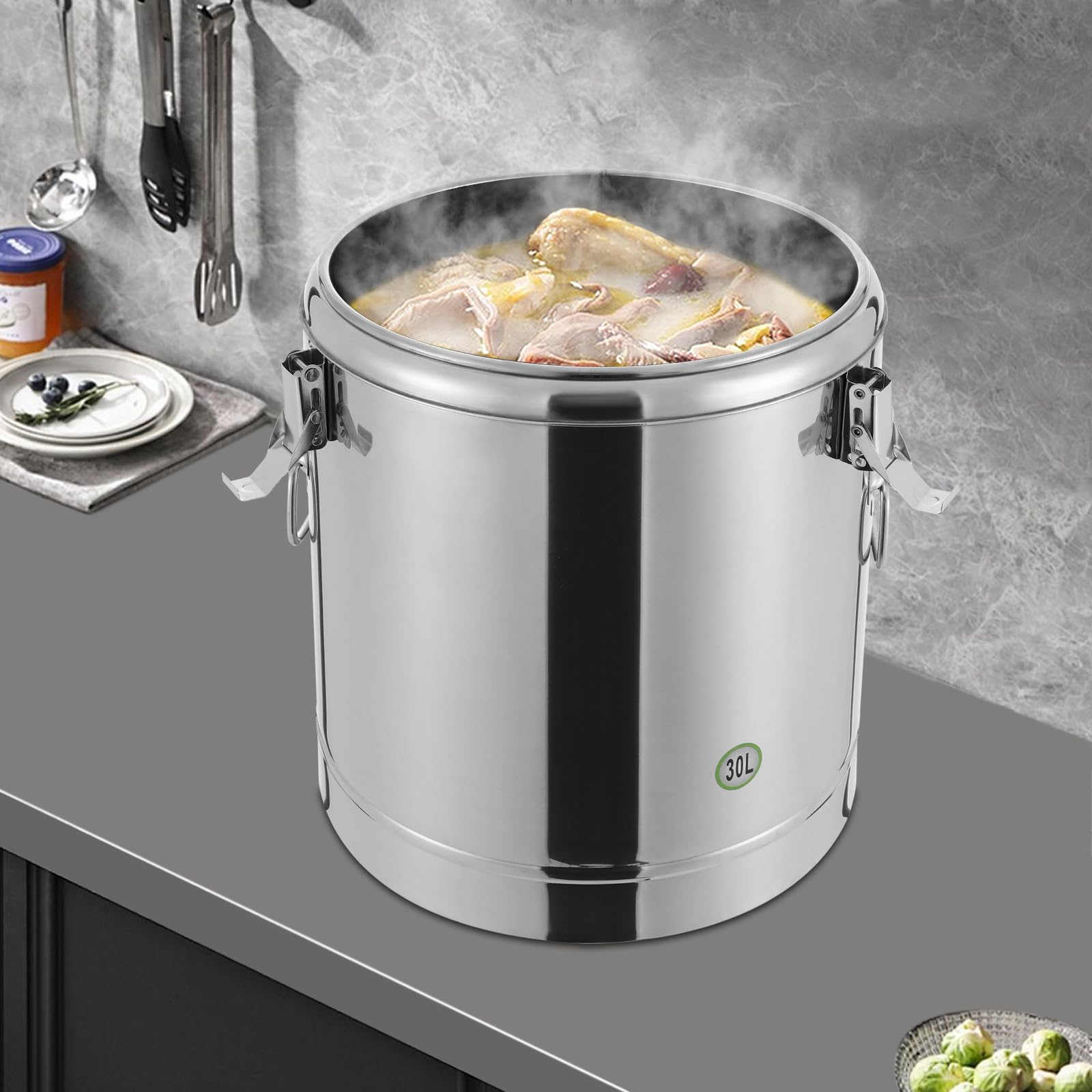 Trasporto, contenitore termico professionale, in acciaio inox, 20/30 l, con maniglie, coperchio con anello in gomma e chiusura di serraggio, grande pentola calda isolata (30 l)