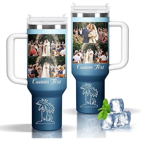 Personalized 40oz Tumbler with Handle Custom Tumbler with Pictures Text Stainless Steel Custom Cups Gift for Dad, Mom, Friends, Family (Photos + Icons)