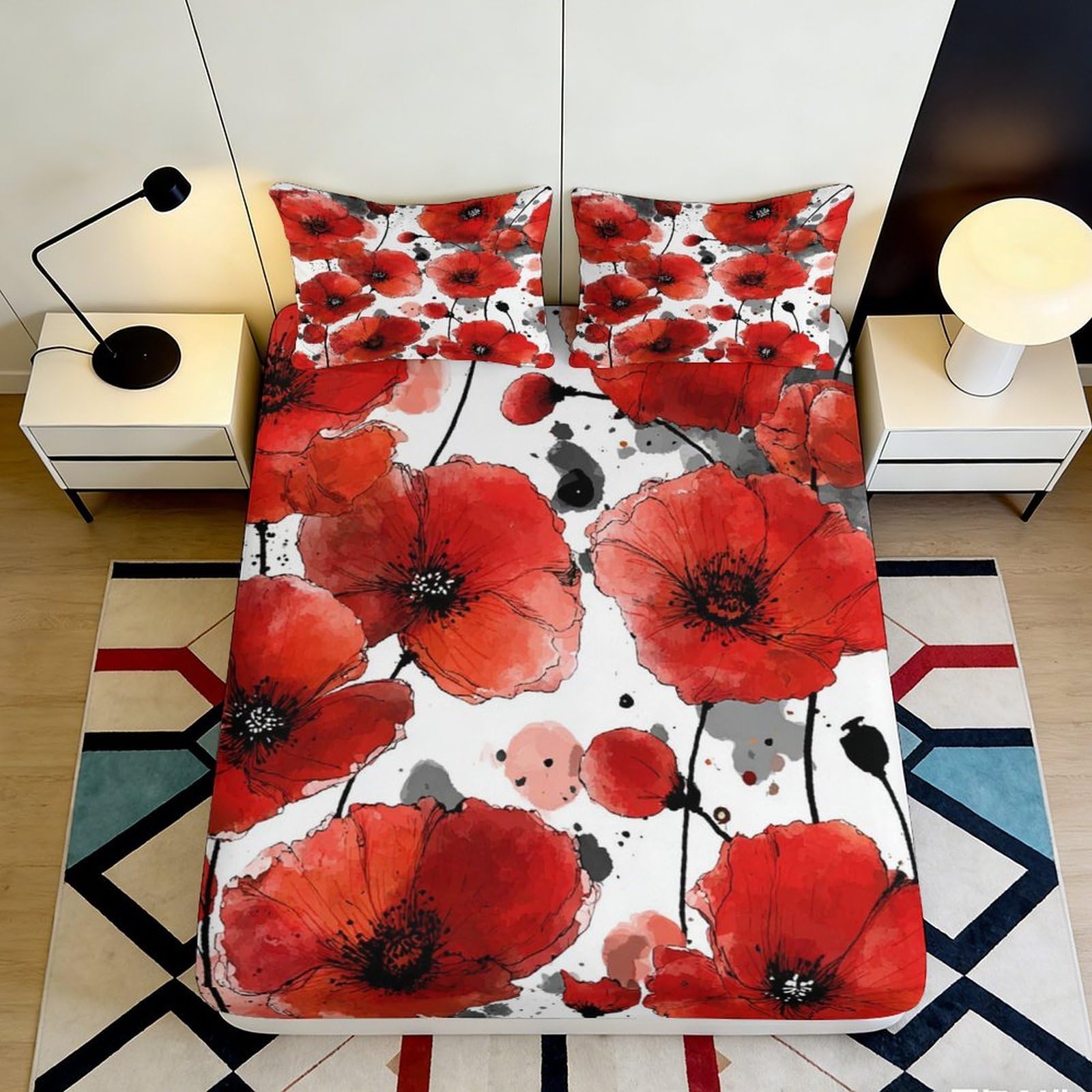 3D Printed poppy flower Fitted Sheet, soft touch Microfiber, guest room bedding, anti-slip, stylish decor, easy care, dustproof, bedroom use, 115 characters 90x200x25cm