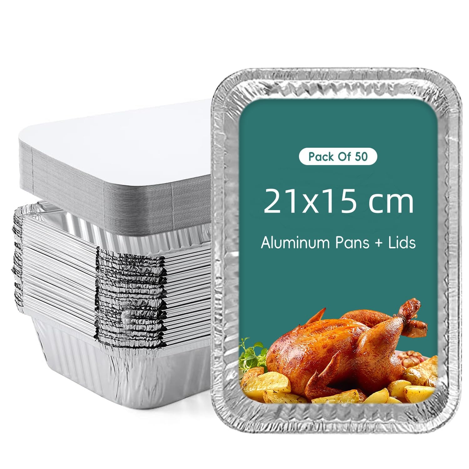 Eupako Foil Trays with Lids 50 Pack 21x15cm Disposable Aluminum Pans with Lids Baking Pans Tin Trays Food Containers for Baking Cakes Bread Meat Loaves