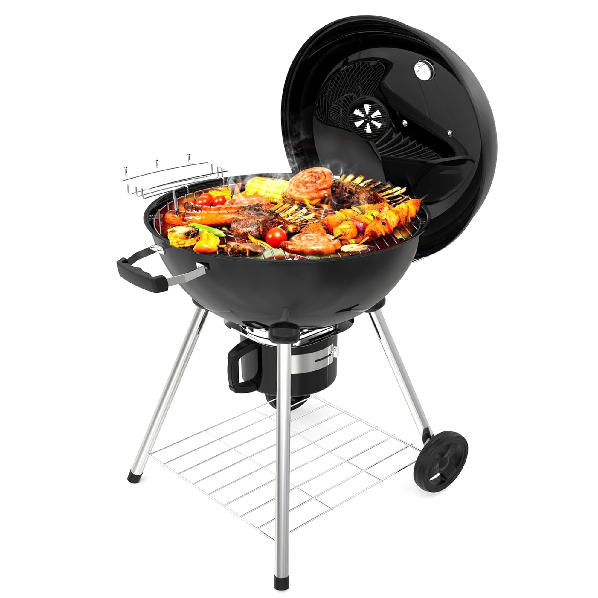 TEENO Holzkohlegrill mit Deckel, XXL Rundgrill, Aschekasten, Regulierbares Lüftungsloch, Kugelgrill, 83 cm x 71 cm x 105,5 cm – Ideal für Garten, Terrasse & Outdoor-Grillen
