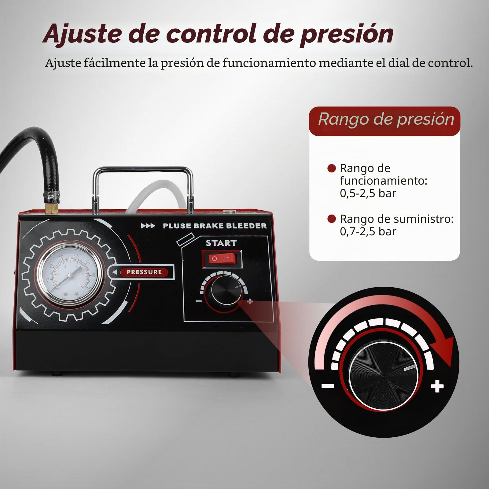 JAOGAUS Dispositivo de Purga de Frenos DC 12V, Sistema Automático Pulsante | para Cambio de Líquido de Frenos, Presión Ajustable 0,5–2,5Bar con Adaptador de Cilindro Maestro y Botella de Recogida, Negro